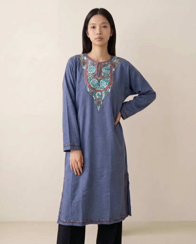 Yaqoot Smoky Grey Acro Wool Pheran with Hand Needle Work