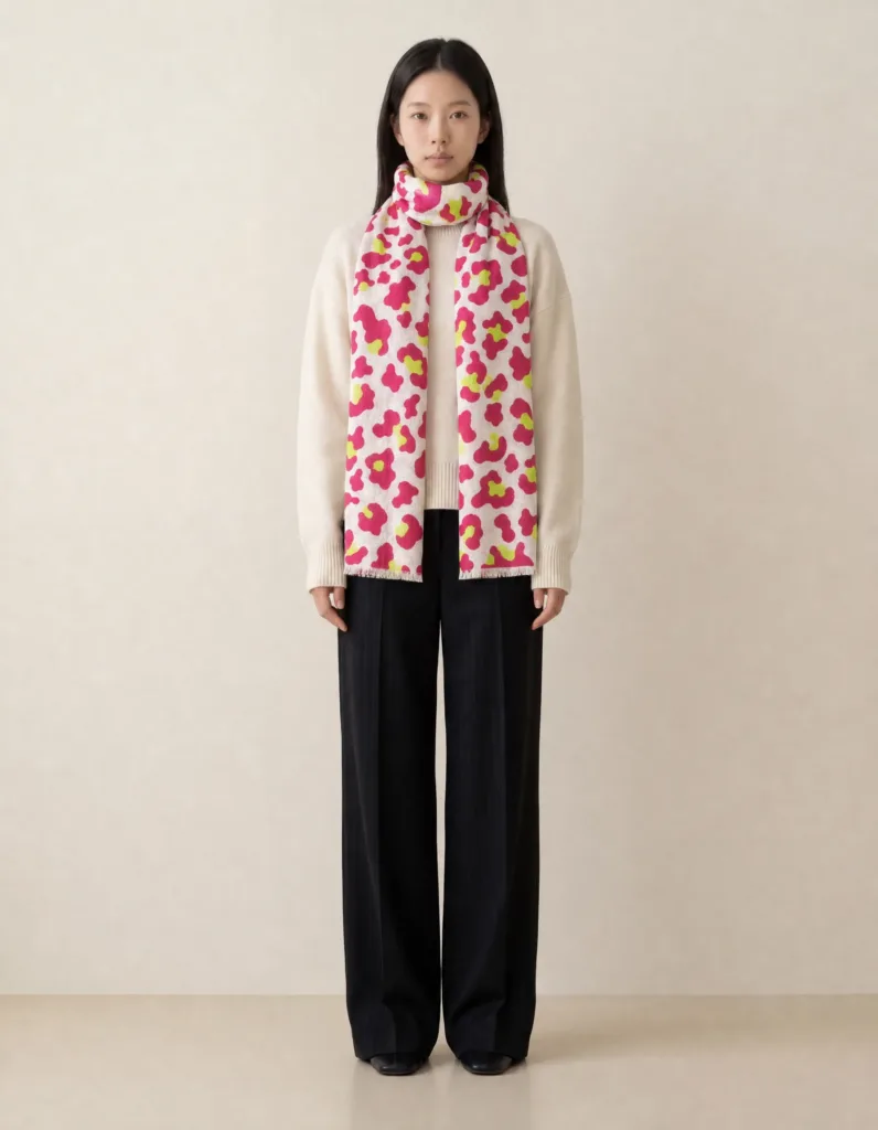Nilofer Pink Leopard Print Wool & Silk Scarf