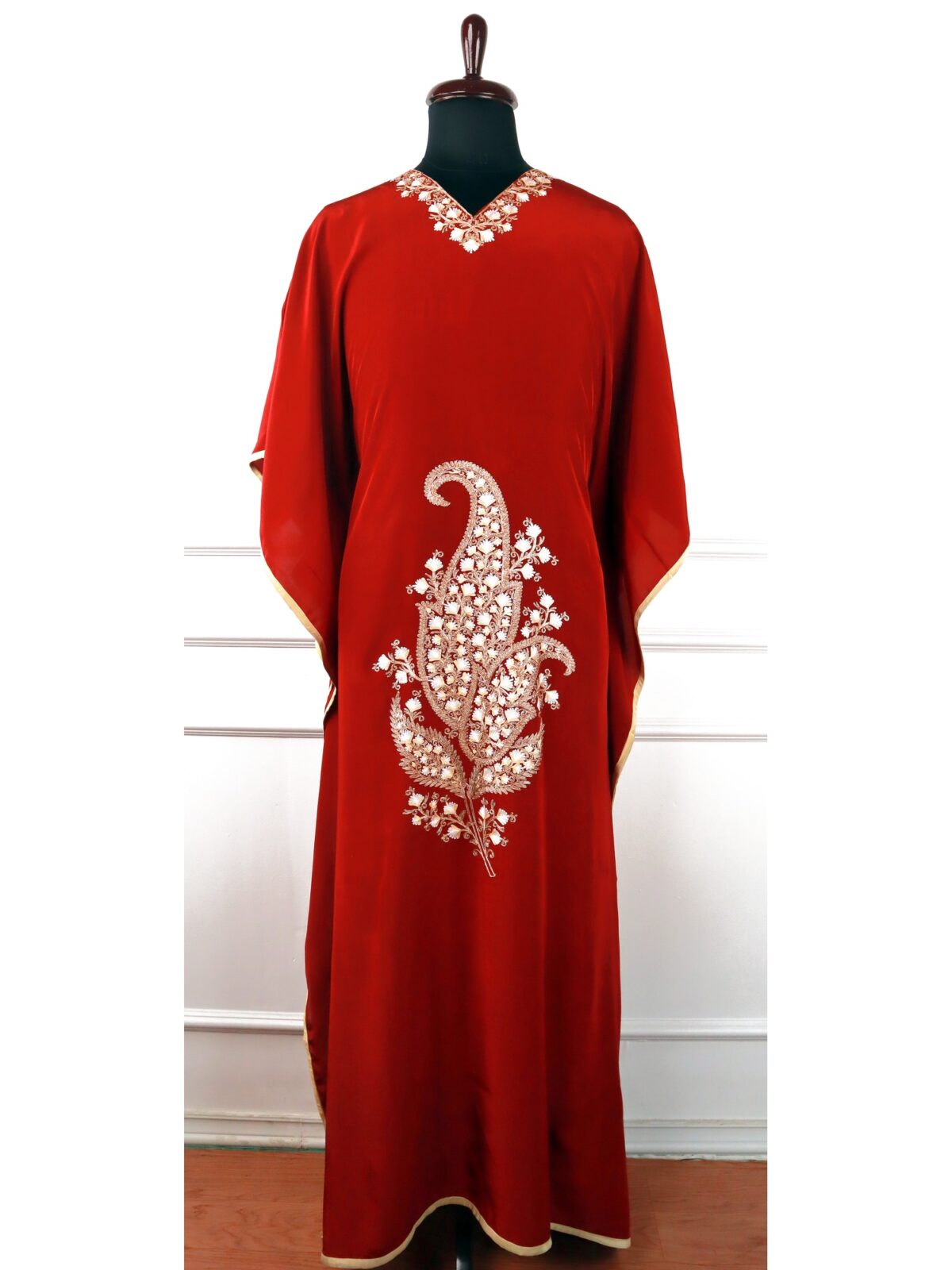 Wanposh Crepe Kaftan in Jewel-Toned Red with Aari Embroidery