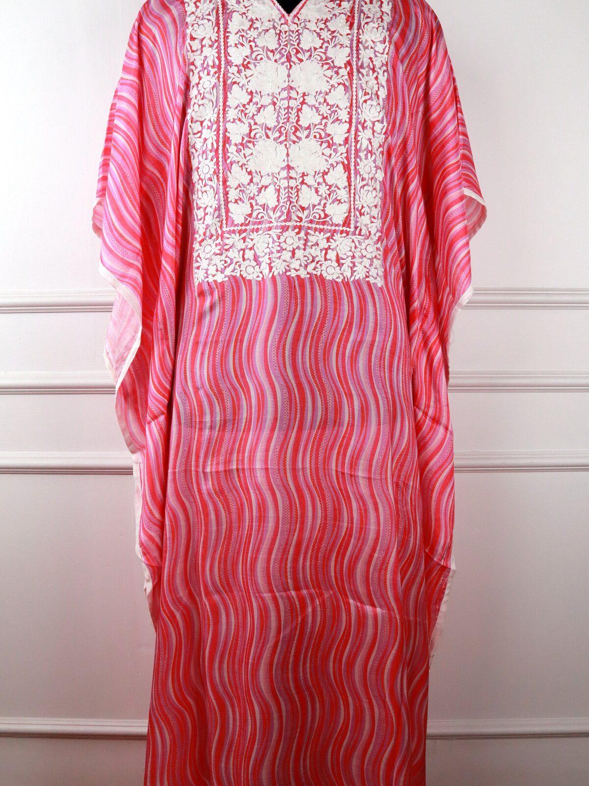 Moonflower Muslin Kaftan in Pink with Aari Embroidery