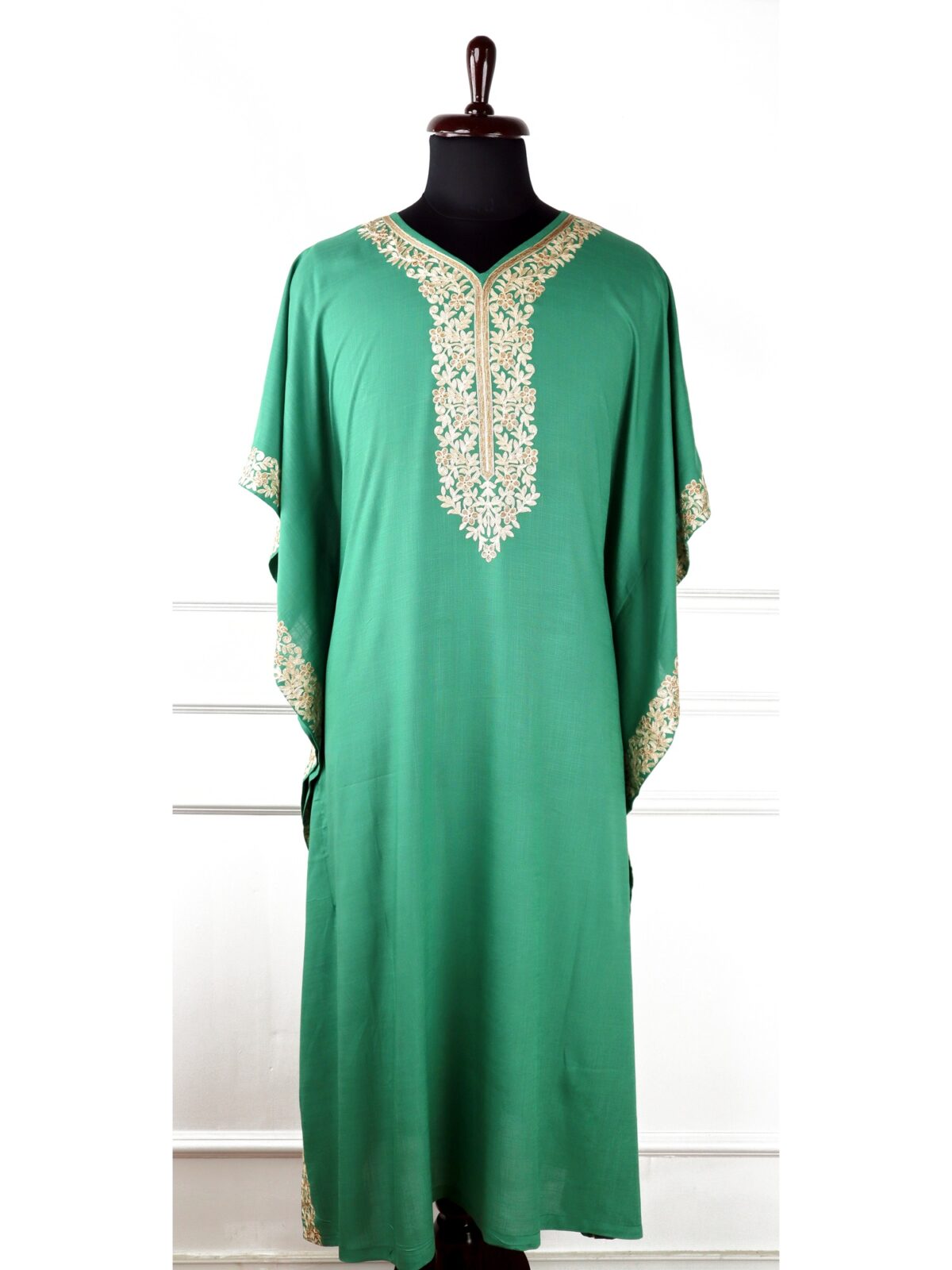 Zungaash Cotton Kaftan in Green with Floral Embroidery