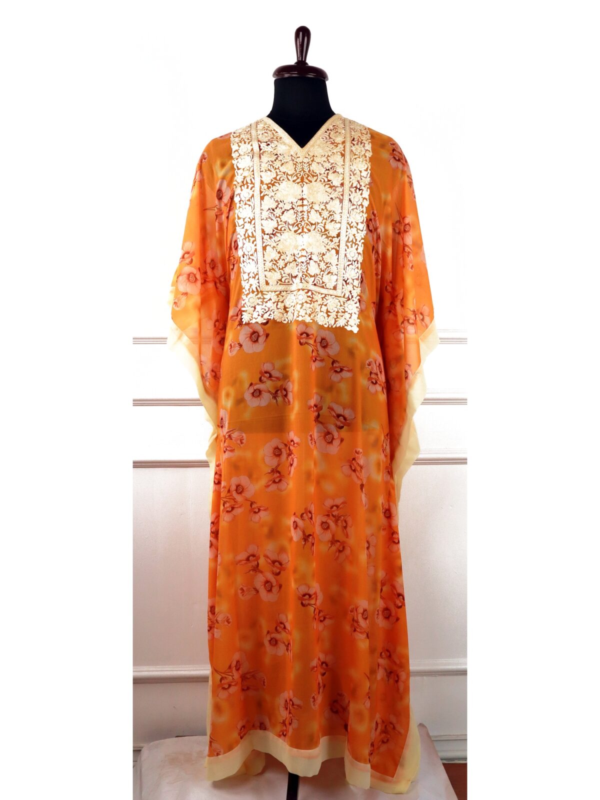 Chashm Georgette Kaftan in Orange with Floral Aari Embroidery