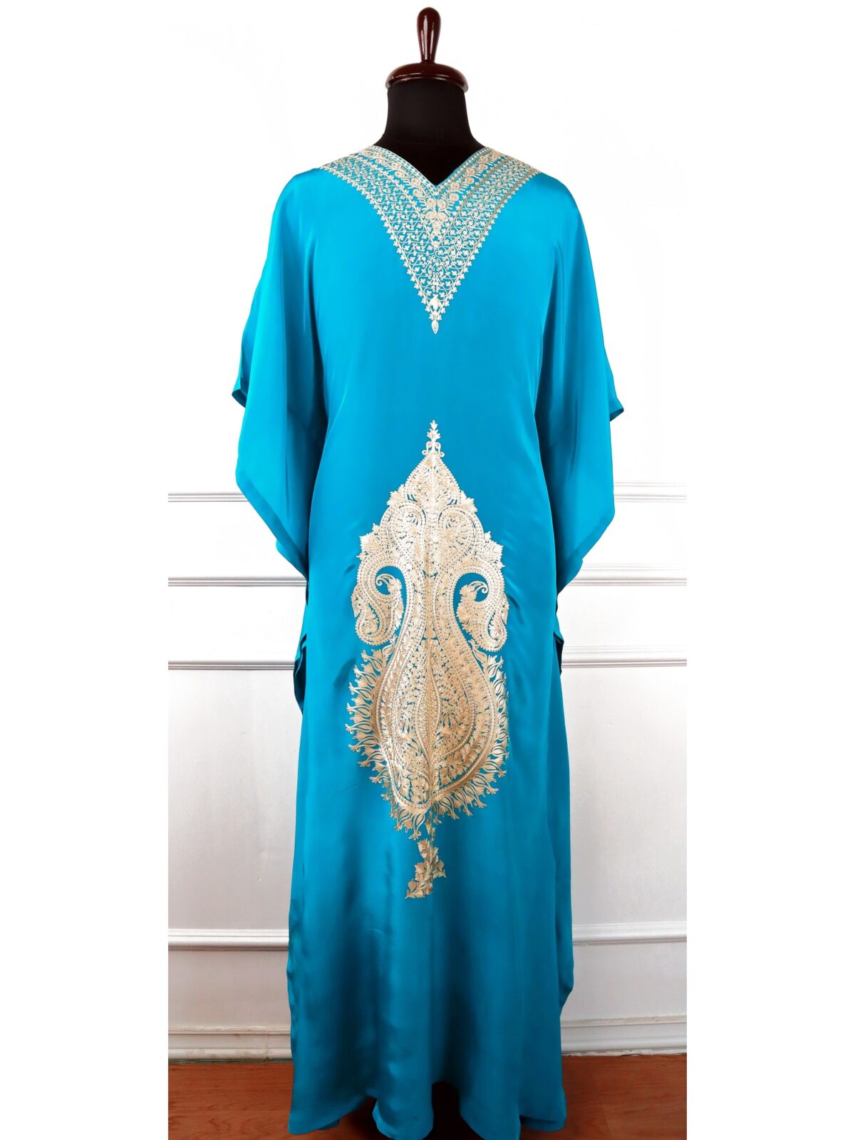 Husn e Wular Crepe Kaftan in Turquoise with Golden Aari Embroidery