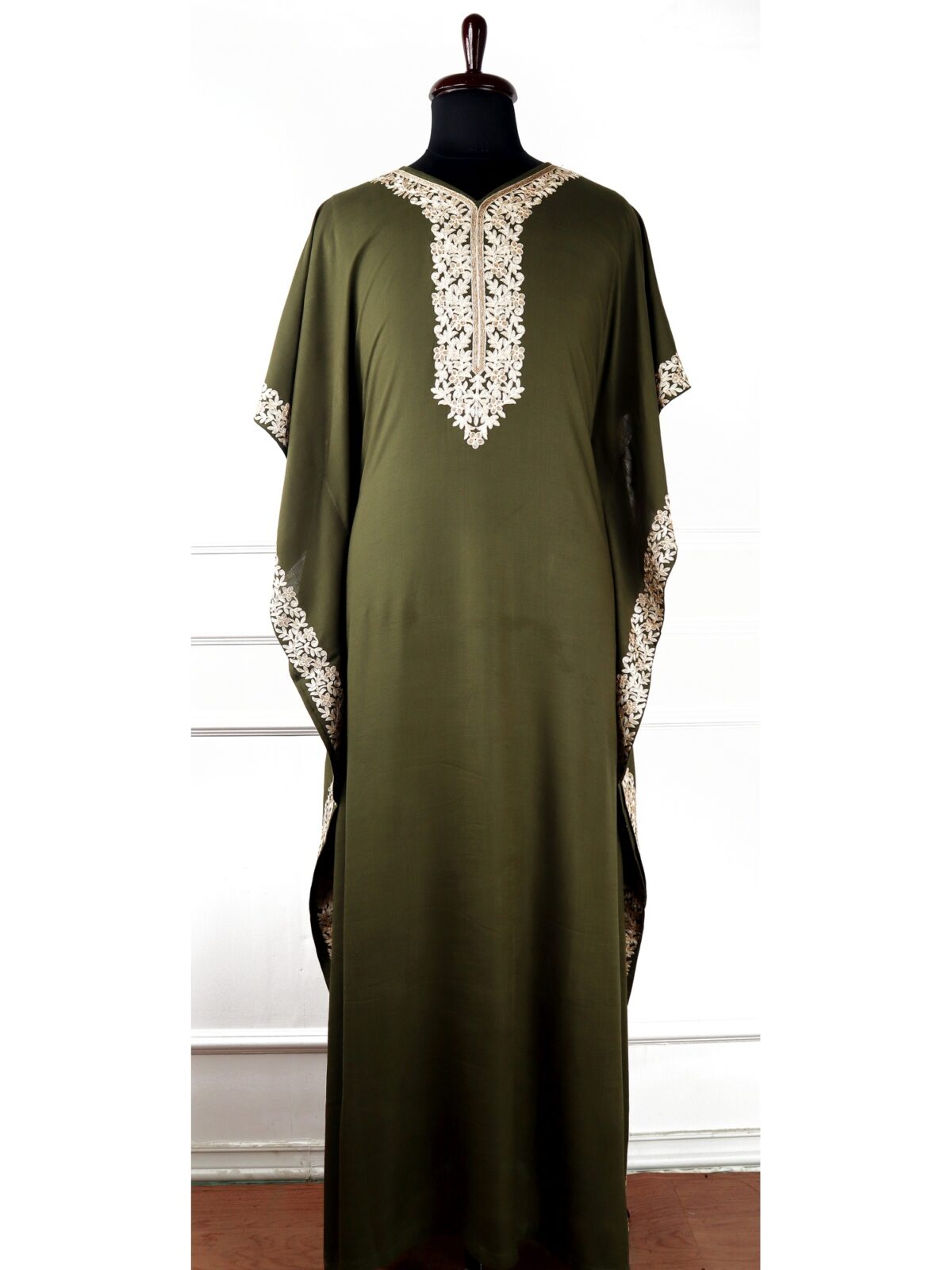 Nargis Cotton Kaftan in Olive Green with Aari Embroidery