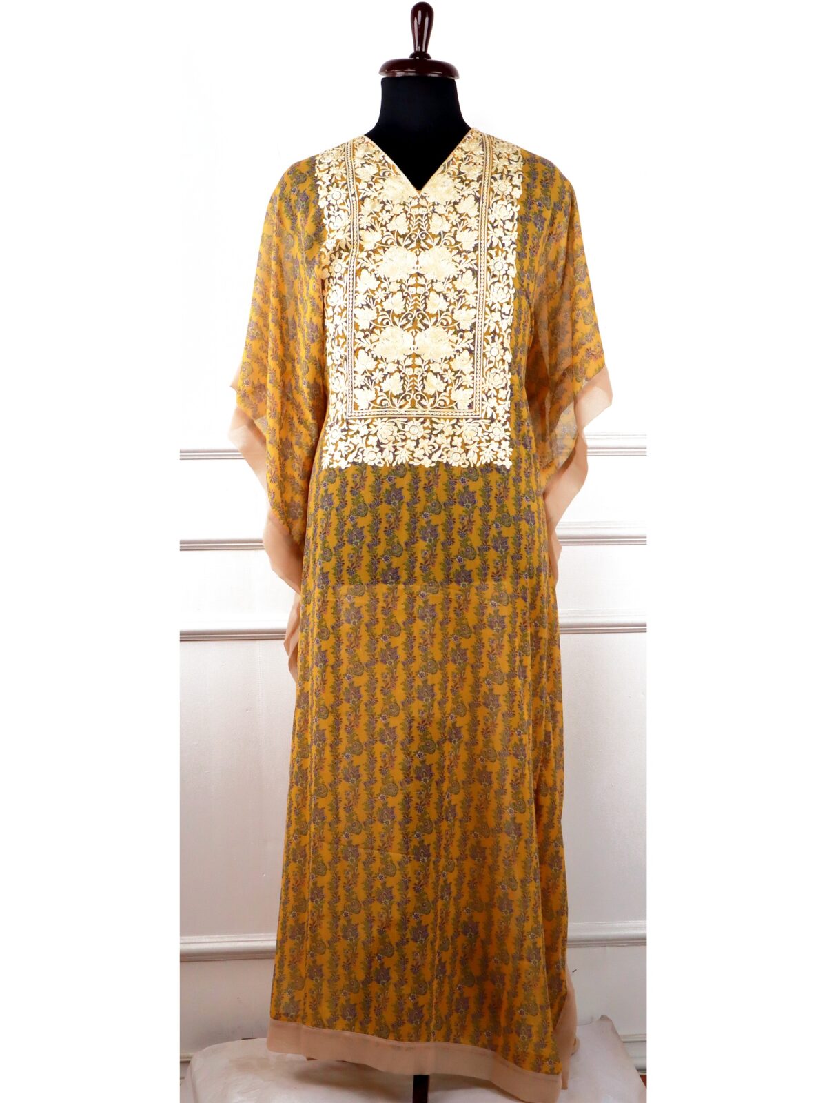 Parisa Georgette Kaftan with Aari Embroidery in Yellow