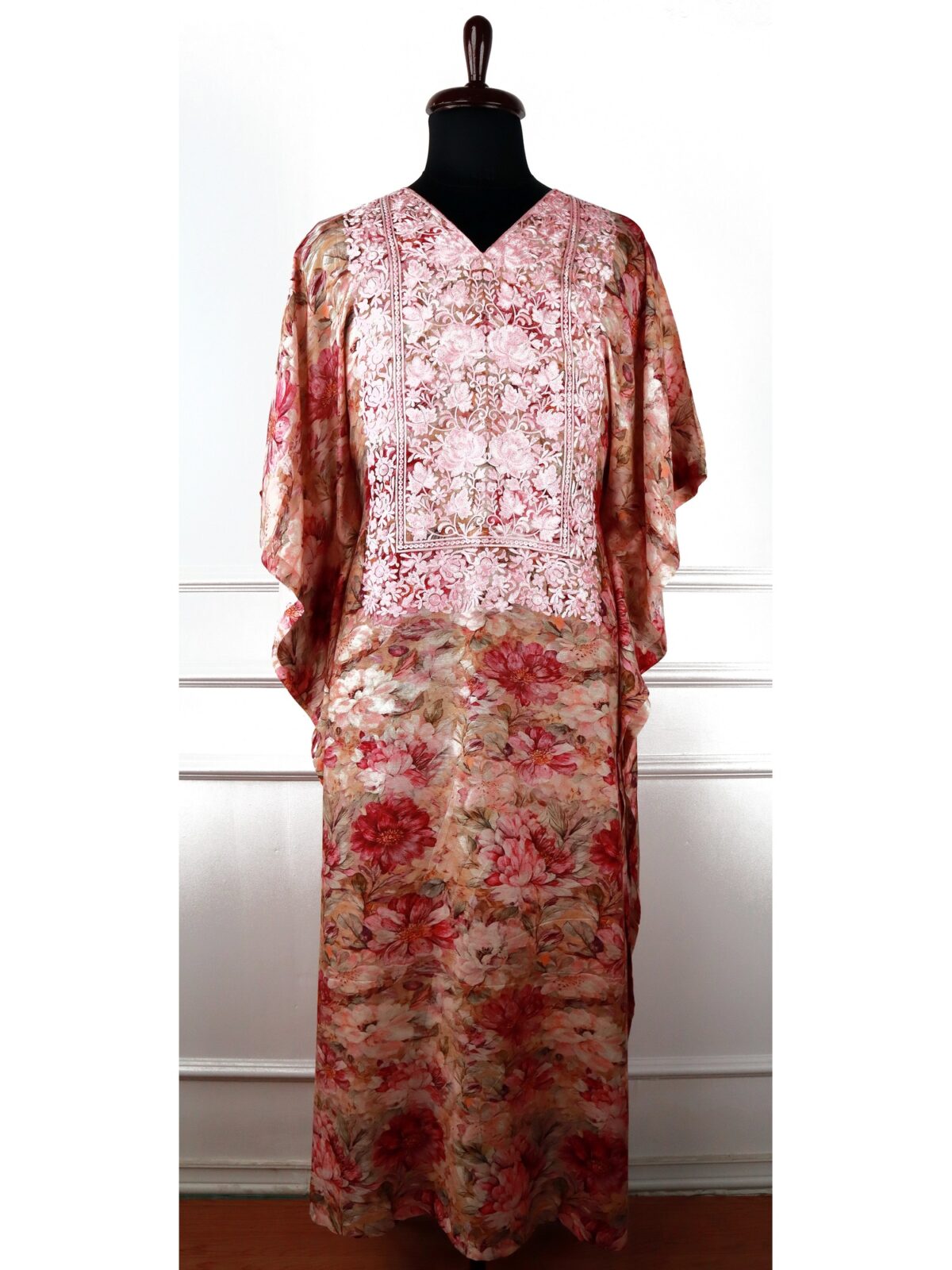 Gulzar Kashmiri Muslin Aari Kaftan in Beige