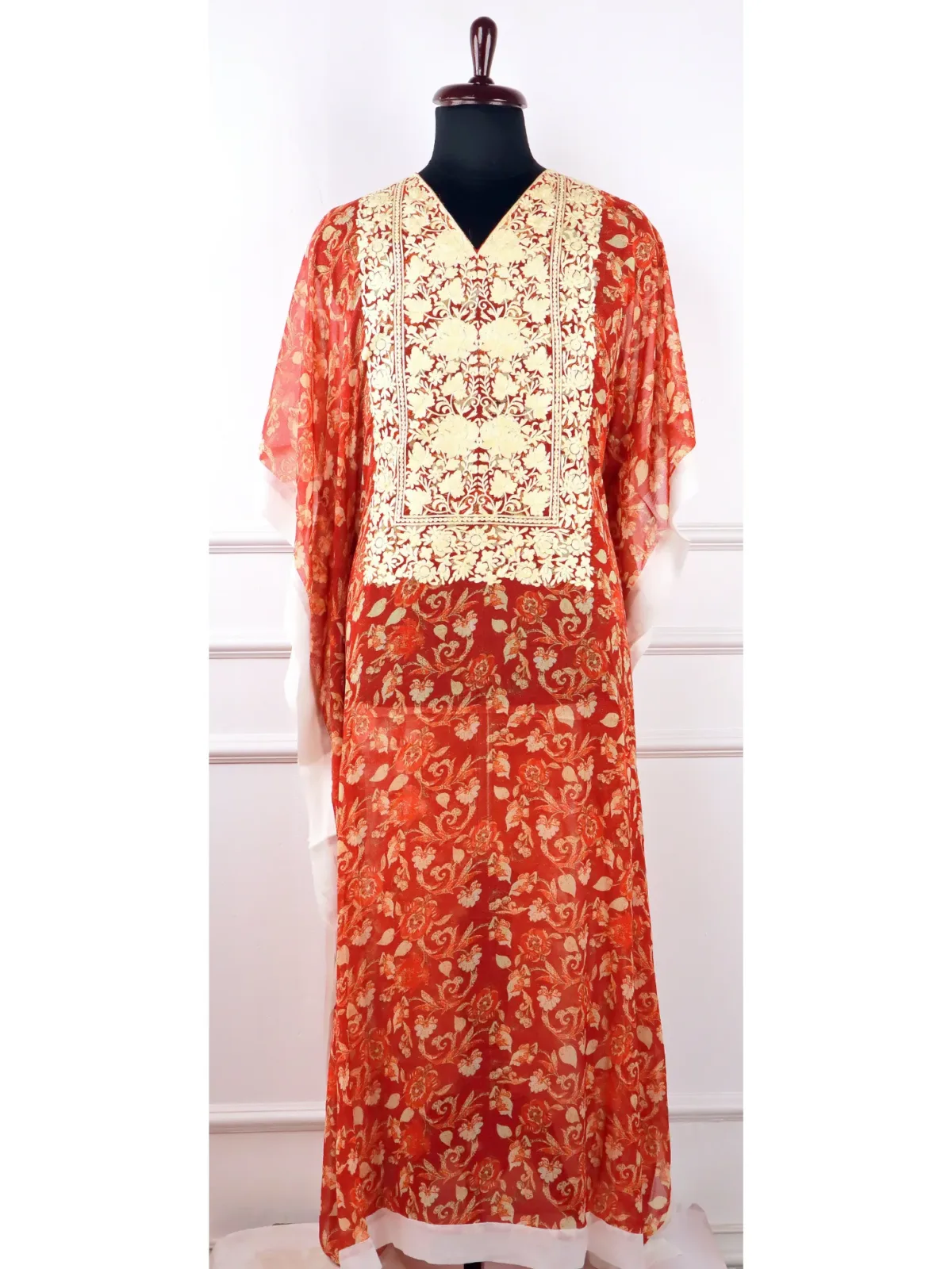Sombal Georgette Kaftan in Red with Floral Embroidery