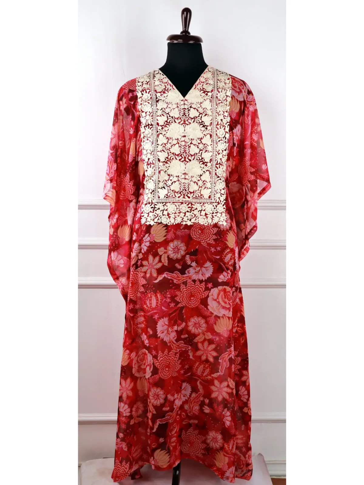 Vyeth Georgette Kaftan in Red with Floral Aari Embroidery