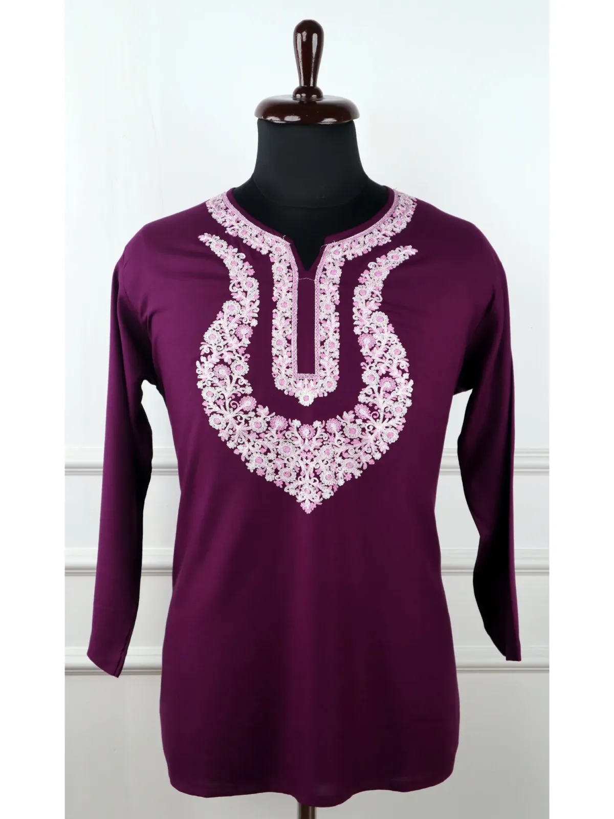 Faiza Cotton Kurti in Purple with Floral Embroidery