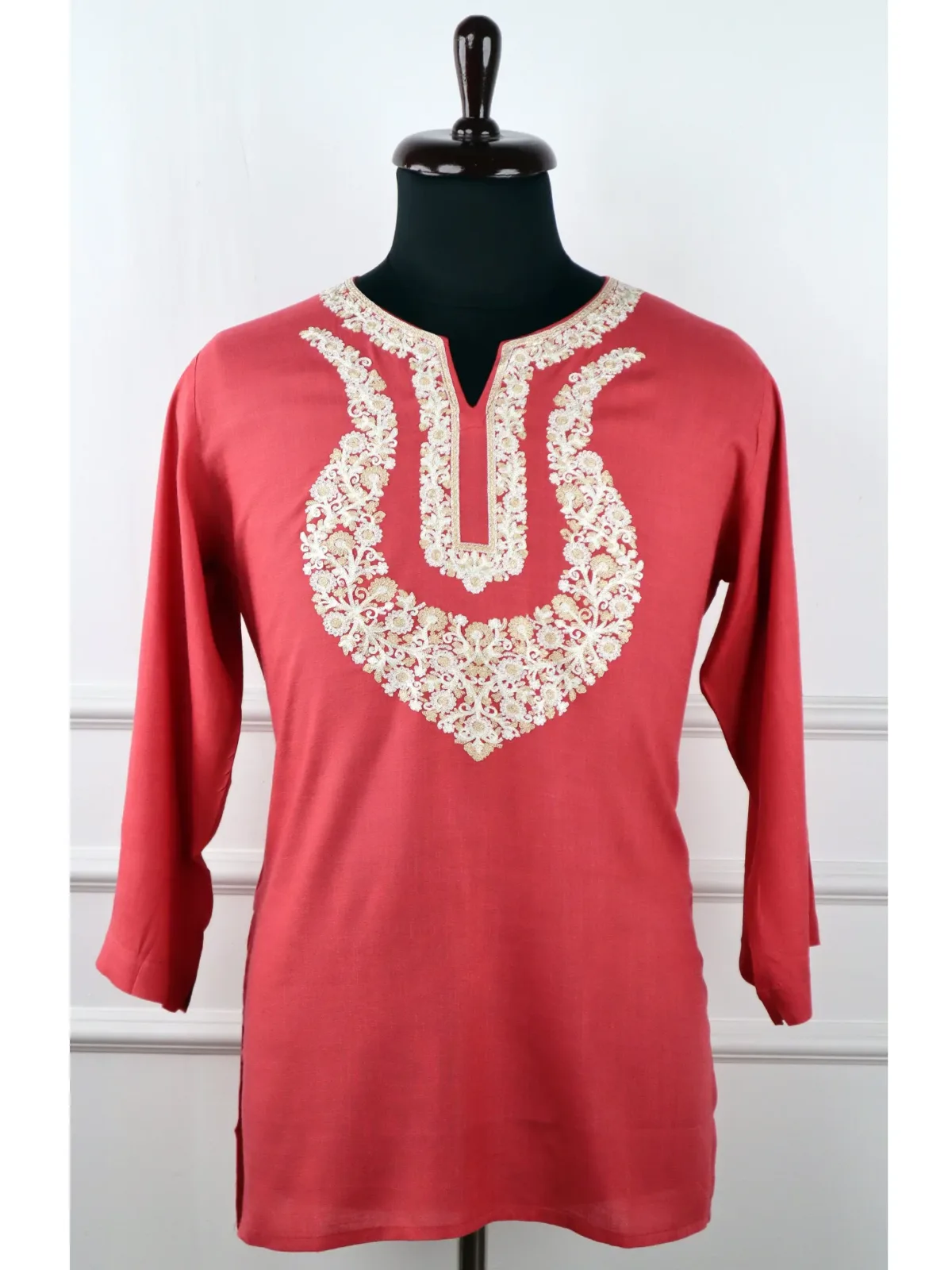 Jade Mist Kashmiri Cotton Kurti in Red with Floral Embroidery