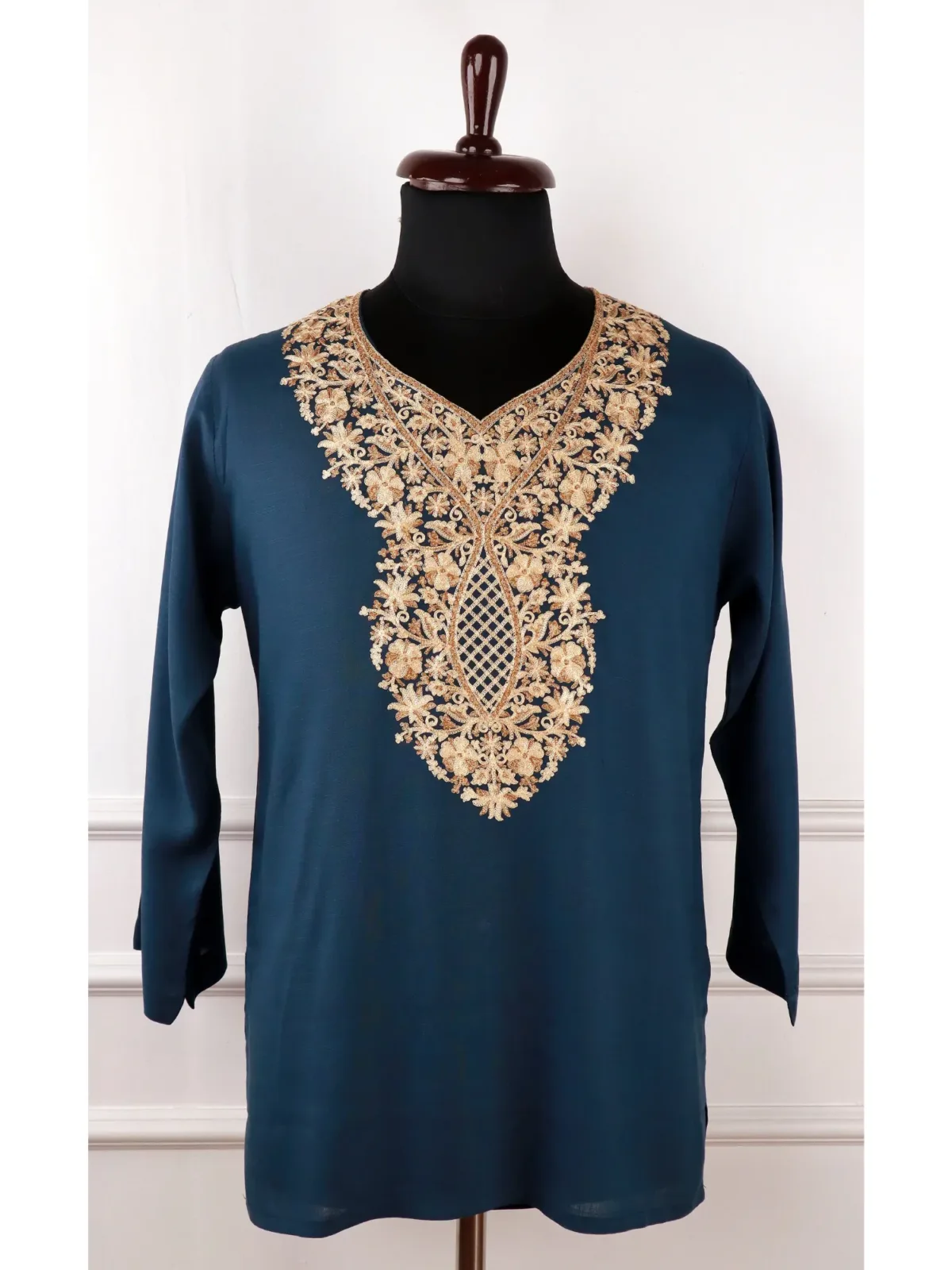 Mahira Kashmiri Cotton Aari Kurti in Blue with Gold Embroidery
