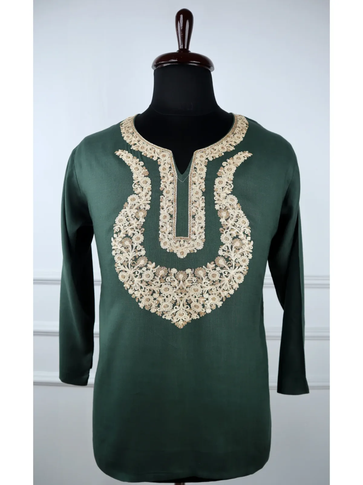 Tewar Cotton Kurti in Jewel-Toned Green with Aari Embroidery