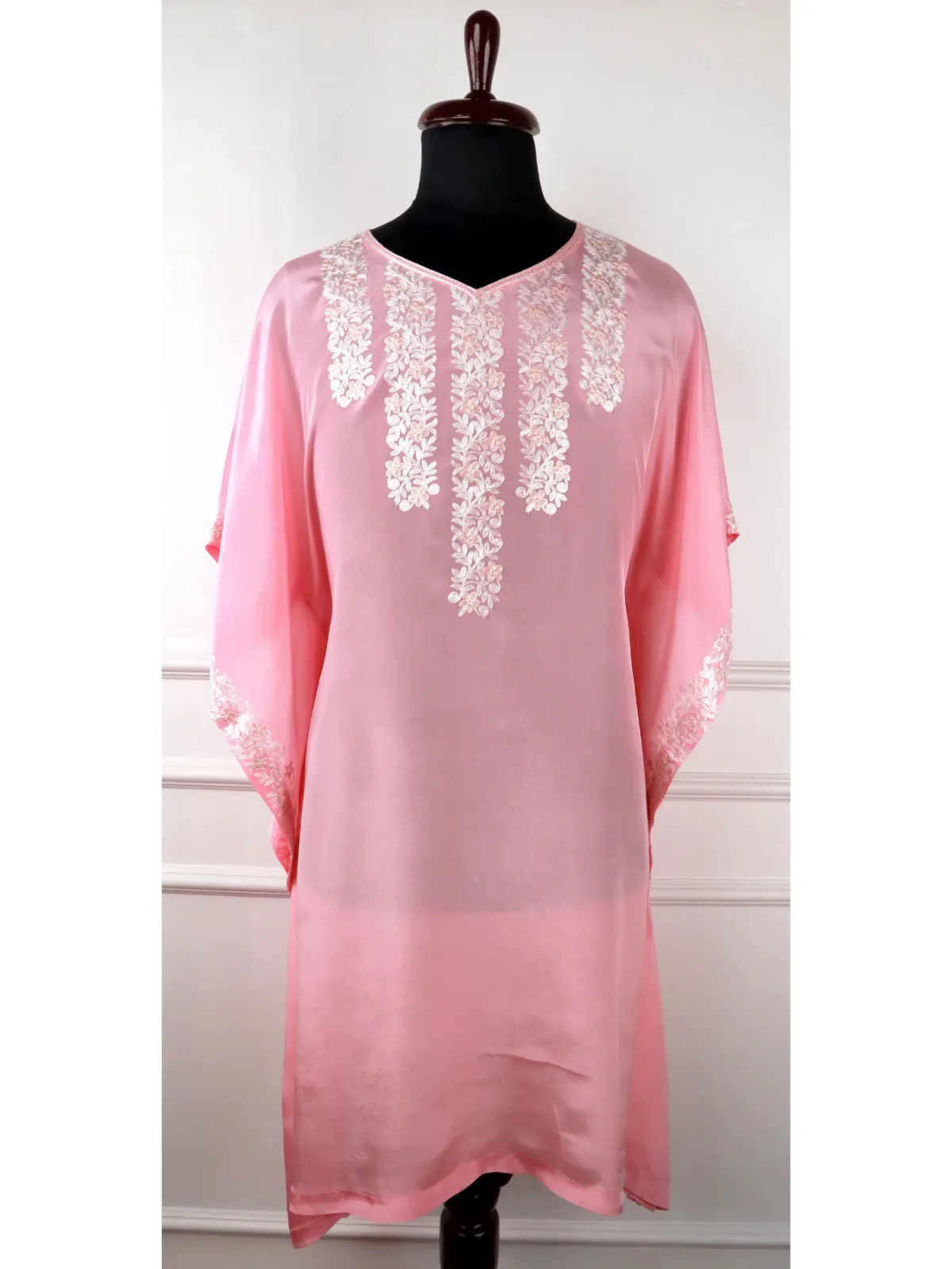 Kashida Chandni Crepe Kaftan in Pink with Floral Embroidery