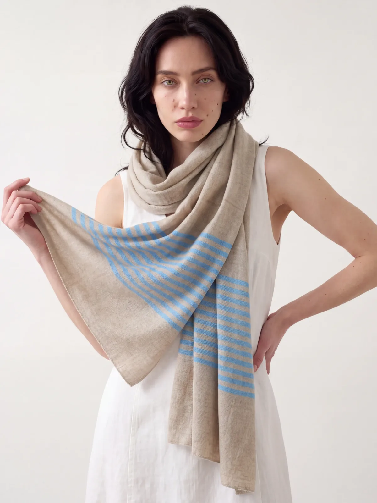 Seabreeze Sand Striped Merino Silk Scarf