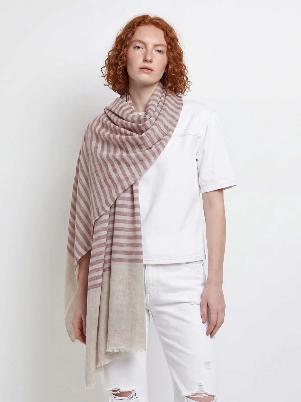 Terracotta Mist Striped Merino Silk Scarf