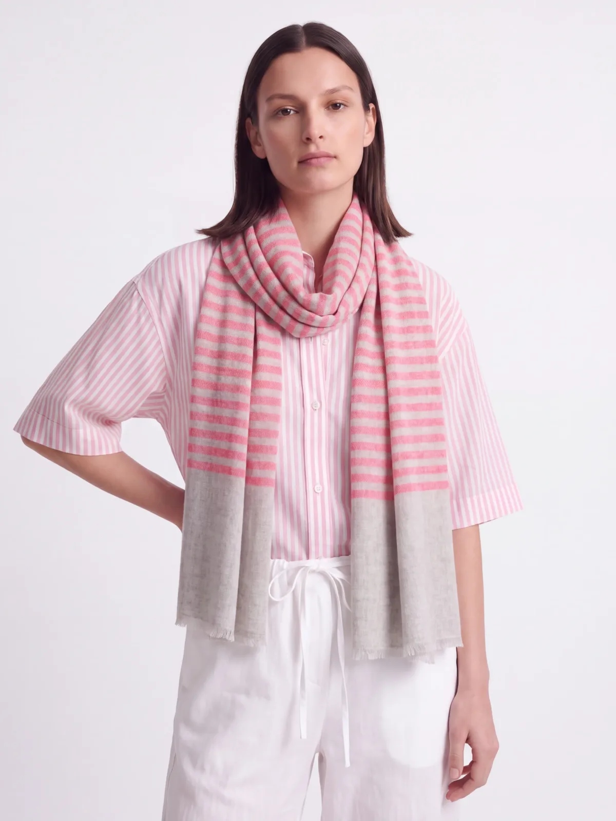 Coral Pink Stripes Merino Silk Scarf