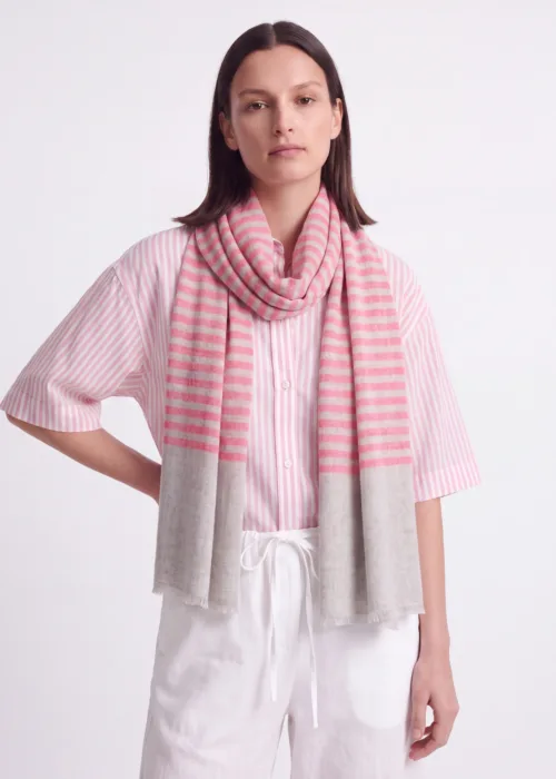 Coral Pink Stripes Merino Silk Scarf