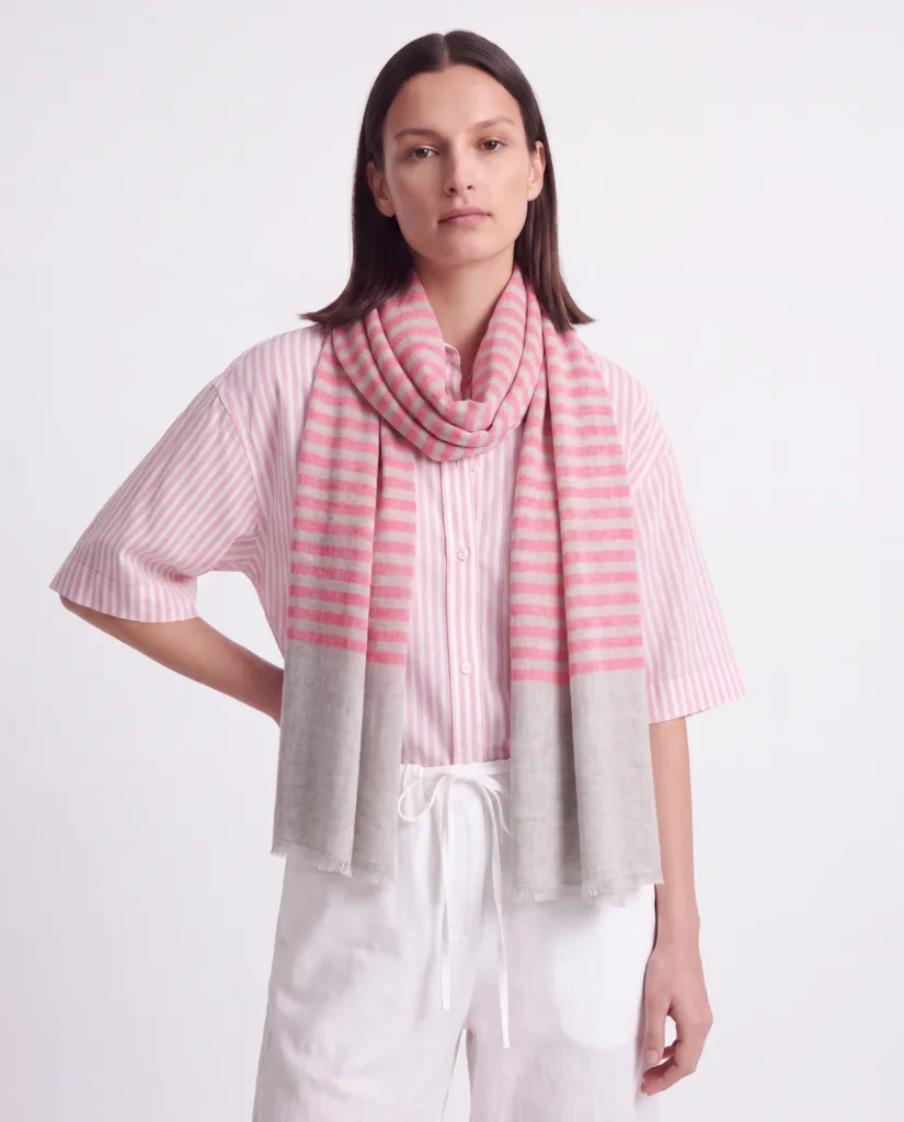 Coral Pink Stripes Merino Silk Scarf