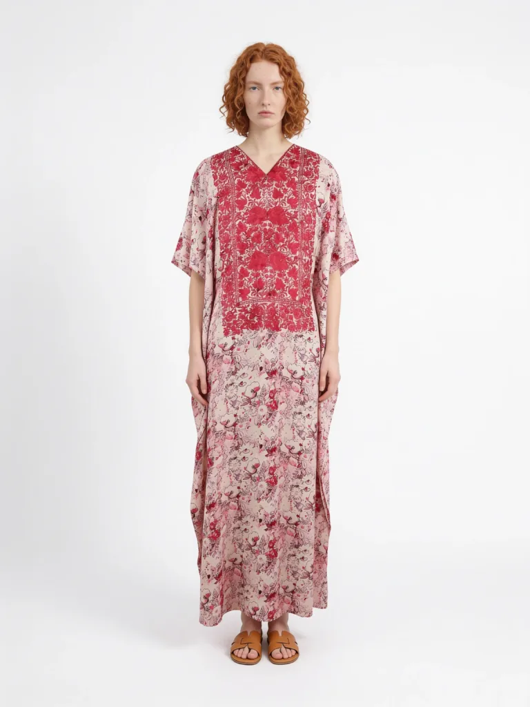 Saz e Waadi Muslin Kaftan in Cream with Floral Embroidery