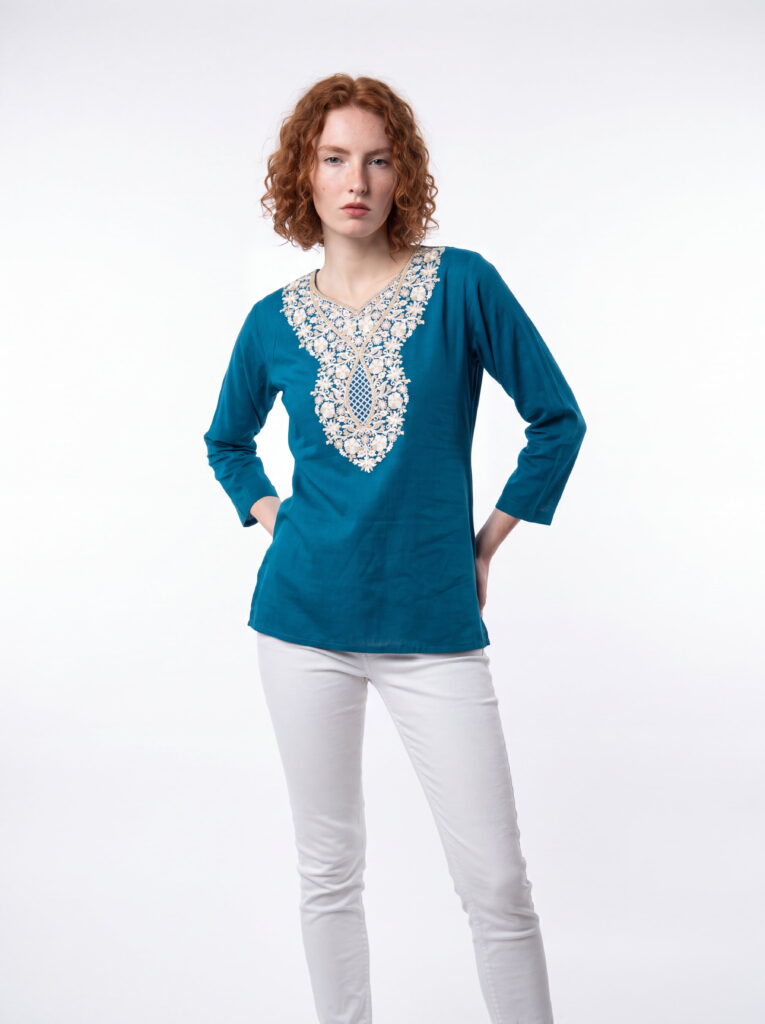 Shehzadi Kashmiri Cotton Aari Kurti in Teal