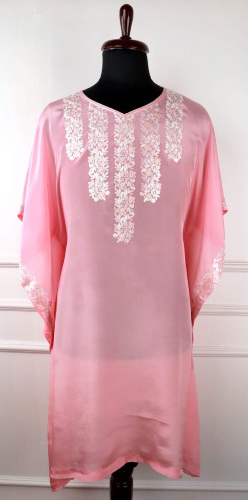 Kashida Chandni Crepe Kaftan in Pink with Floral Embroidery