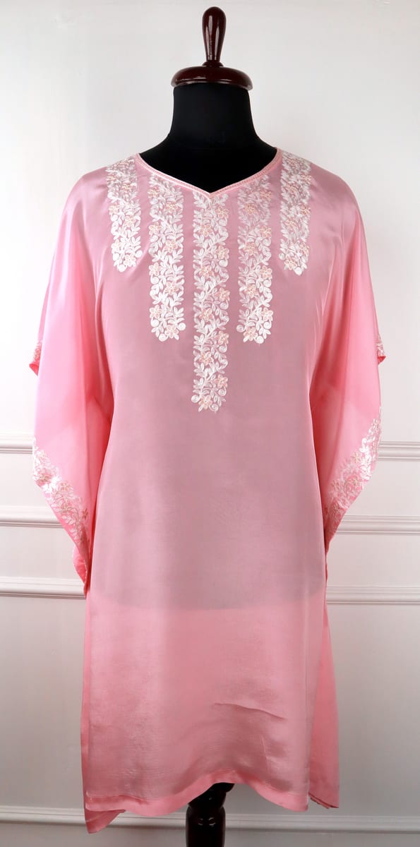 Kashida Chandni Crepe Kaftan in Pink with Floral Embroidery