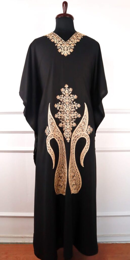 Aaftab Mahira Cotton Kaftan in Black with Gold Embroidery