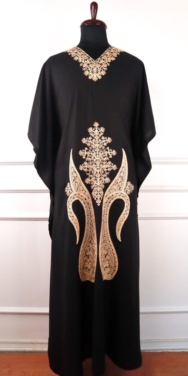 Aaftab Mahira Cotton Kaftan in Black with Gold Embroidery