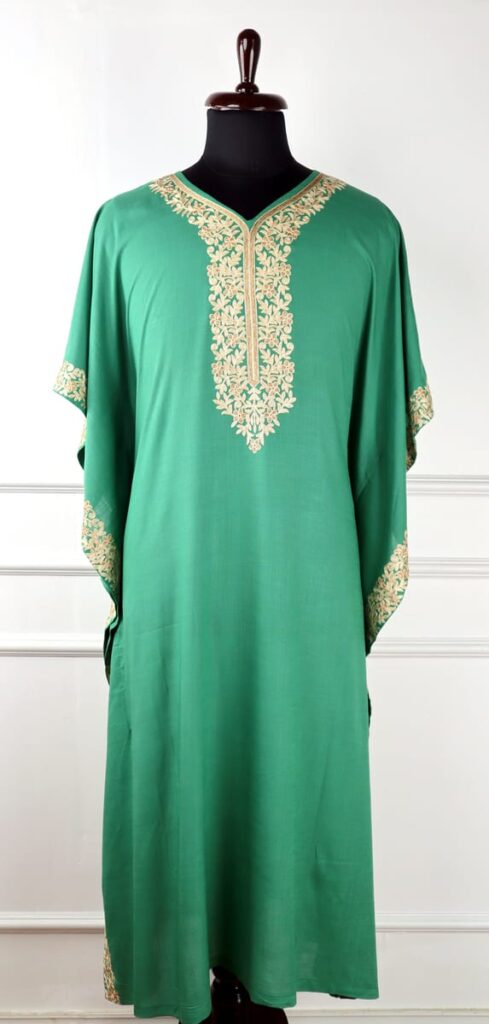 Zungaash Cotton Kaftan in Green with Floral Embroidery