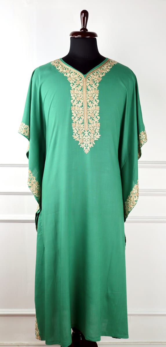 Zungaash Cotton Kaftan in Green with Floral Embroidery