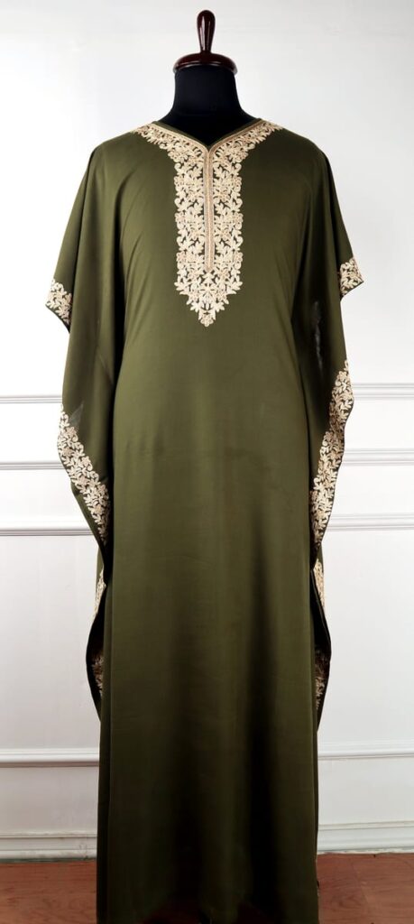 Nargis Cotton Kaftan in Olive Green with Aari Embroidery