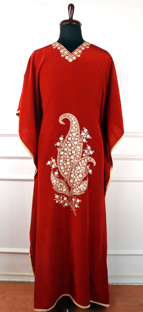 Wanposh Crepe Kaftan in Jewel-Toned Red with Aari Embroidery