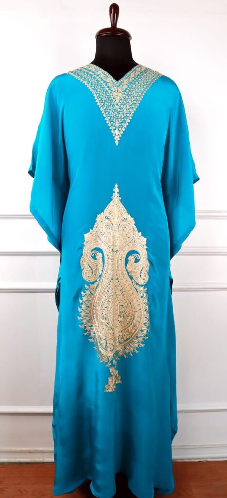 Husn e Wular Crepe Kaftan in Turquoise with Golden Aari Embroidery