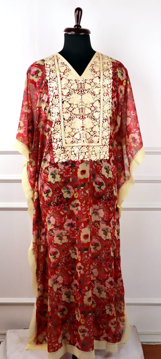 Zeenat E Zard Red Georgette Kaftan with Floral Embroidery