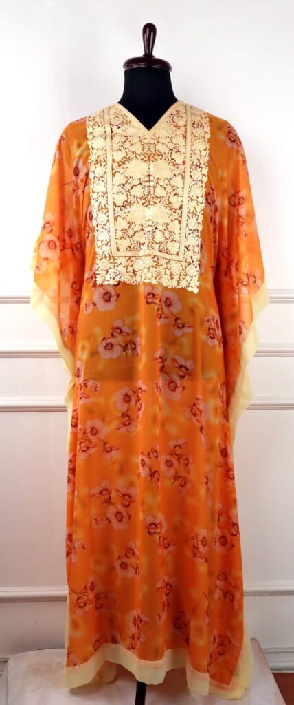 Chashm Georgette Kaftan in Orange with Floral Aari Embroidery