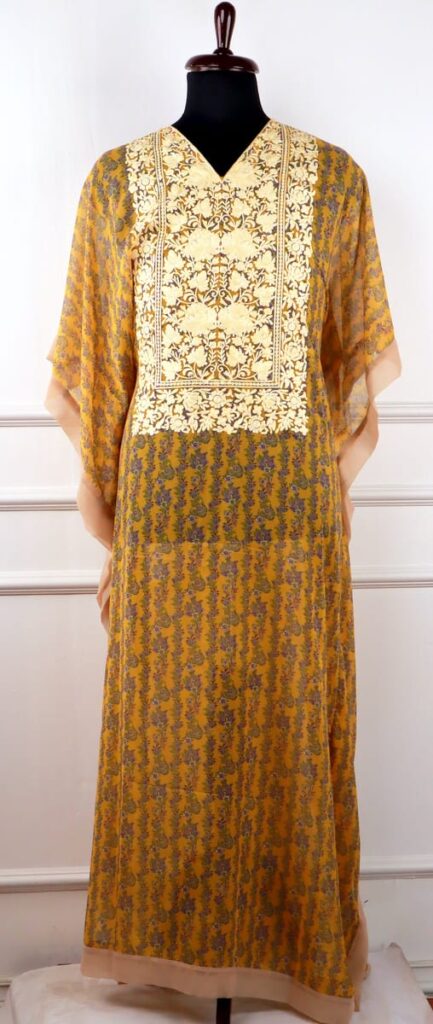 Parisa Georgette Kaftan with Aari Embroidery in Yellow