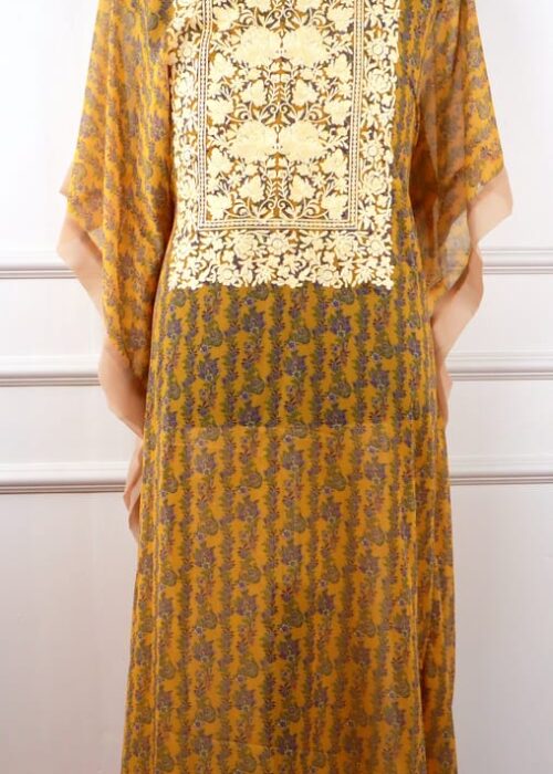 Parisa Georgette Kaftan with Aari Embroidery in Yellow