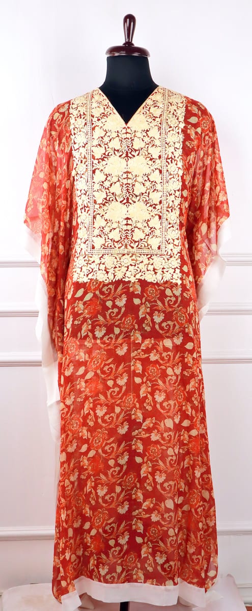 Sombal Georgette Kaftan in Red with Floral Embroidery