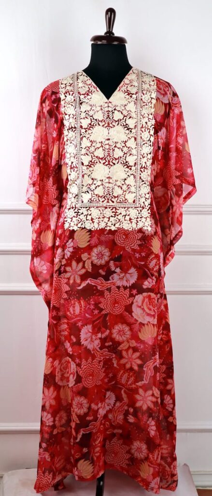 Vyeth Georgette Kaftan in Red with Floral Aari Embroidery