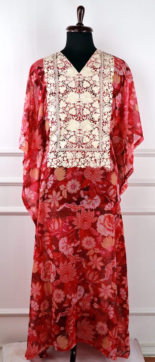 Vyeth Georgette Kaftan in Red with Floral Aari Embroidery