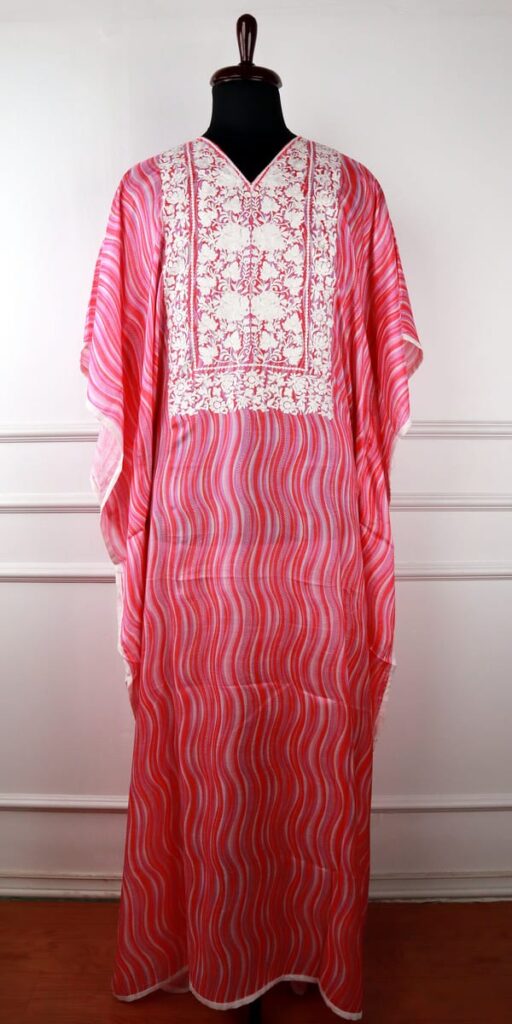 Moonflower Muslin Kaftan in Pink with Aari Embroidery