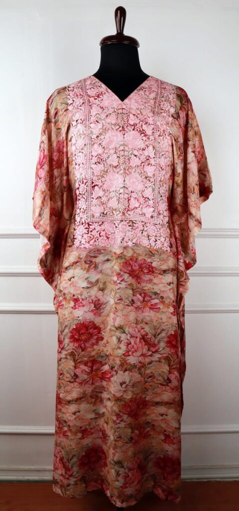 Gulzar Kashmiri Muslin Aari Kaftan in Beige