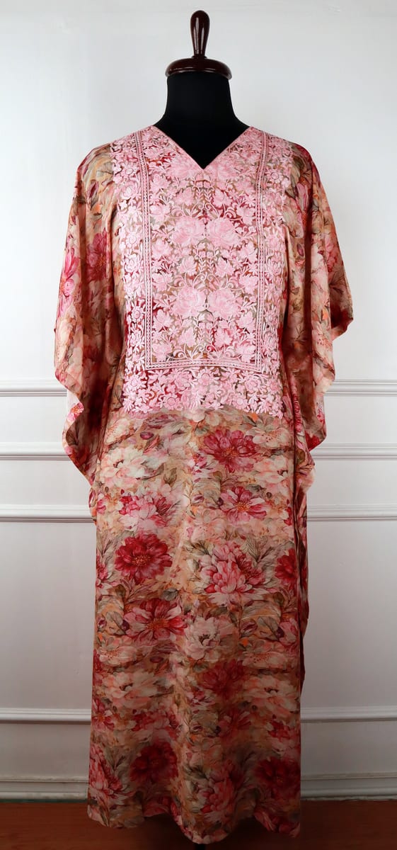 Gulzar Kashmiri Muslin Aari Kaftan in Beige