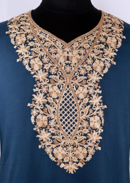 Mahira Kashmiri Cotton Aari Kurti in Blue with Gold Embroidery