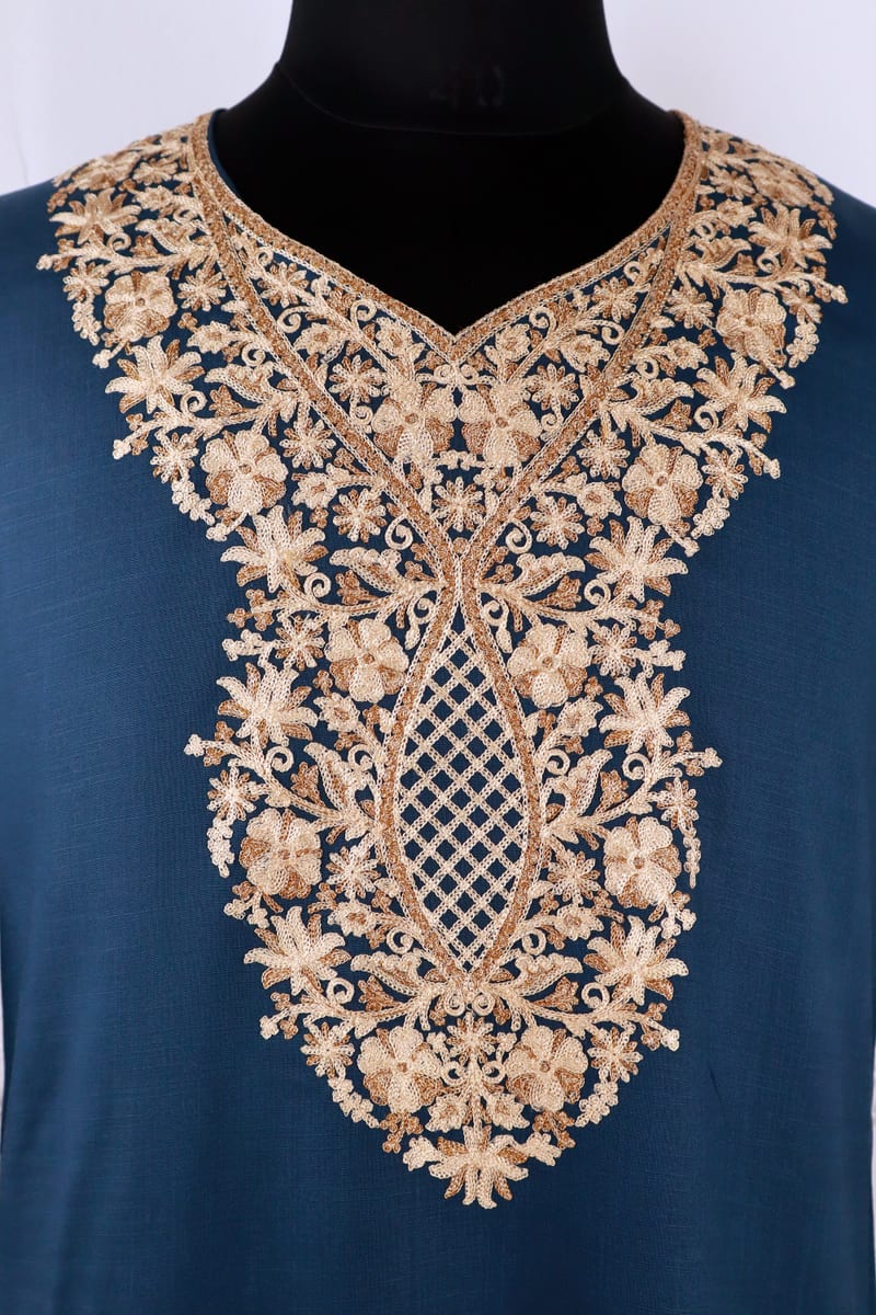 Mahira Kashmiri Cotton Aari Kurti in Blue with Gold Embroidery