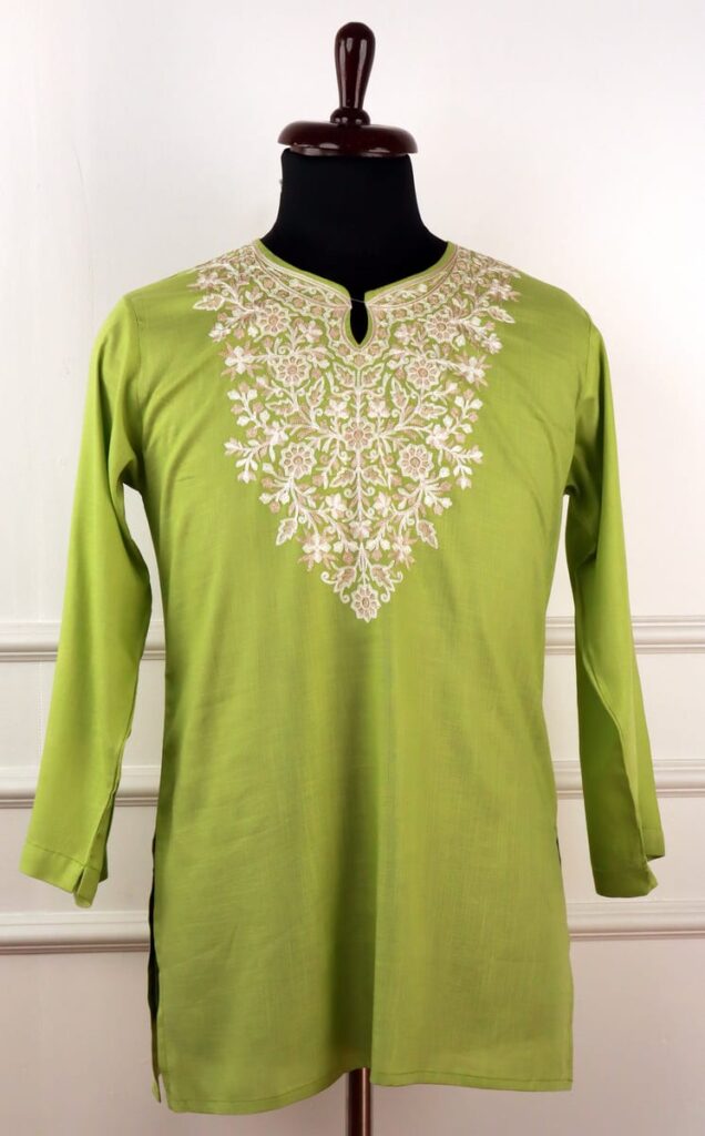 Aaftab Cotton Kurti in Green with Floral Aari Embroidery