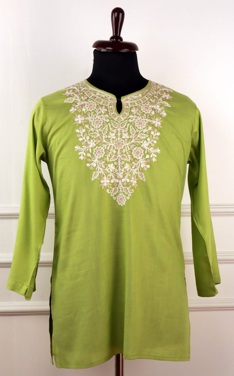 Aaftab Cotton Kurti in Green with Floral Aari Embroidery