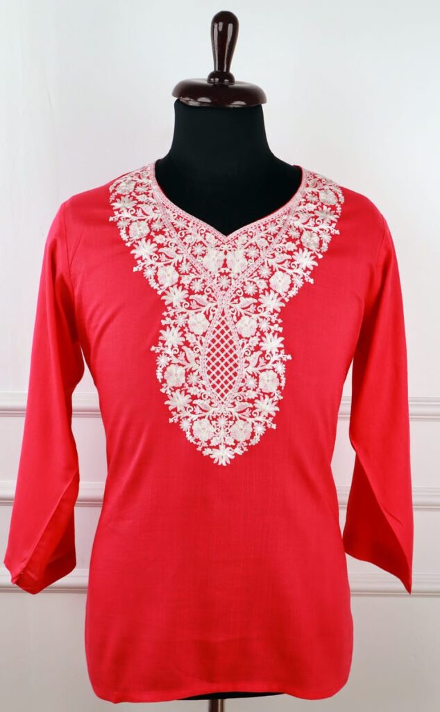 Nargis Kashmiri Cotton Aari Kurti in Red