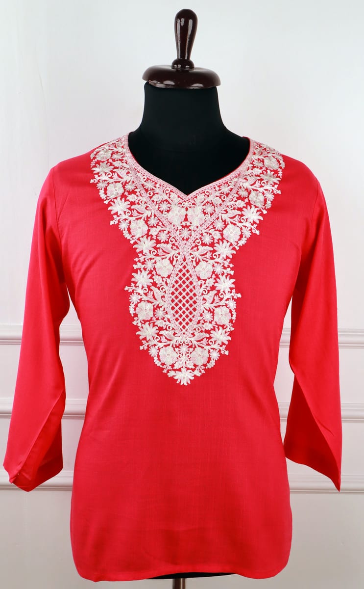 Nargis Kashmiri Cotton Aari Kurti in Red