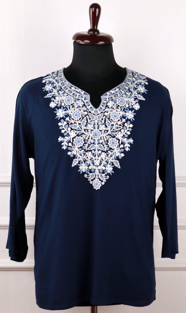 Gulaal Cotton Kurti in Navy with Floral Aari Embroidery